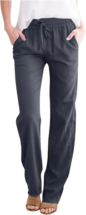 Linen Pants Women High Waist Linen Trousers Drawstring Waist Casual Pants Summer Vacation Beach Long Pant with Pockets