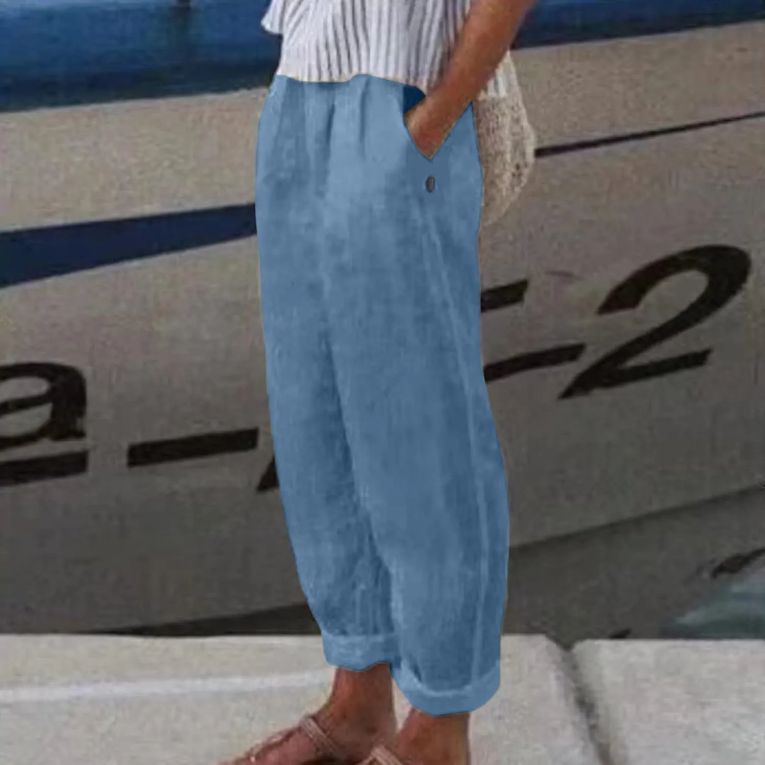 Linen Pants Women High Waist Loose Summer Beach Pants Casual Lightweight Drawstring Lounge Trousers with Pockets