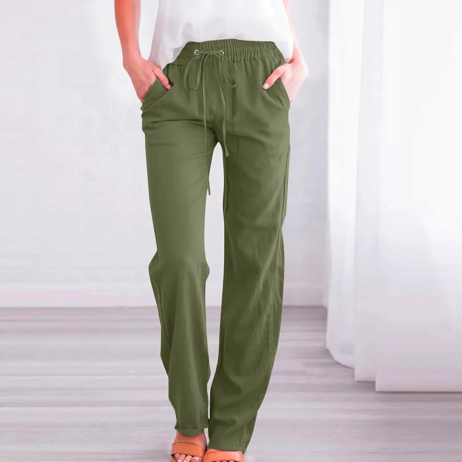 Linen Pants Women Long Summer Vacation Beach Pants Casual Cotton Linen Soft Comfy Lounge Pants Trousers with Pockets