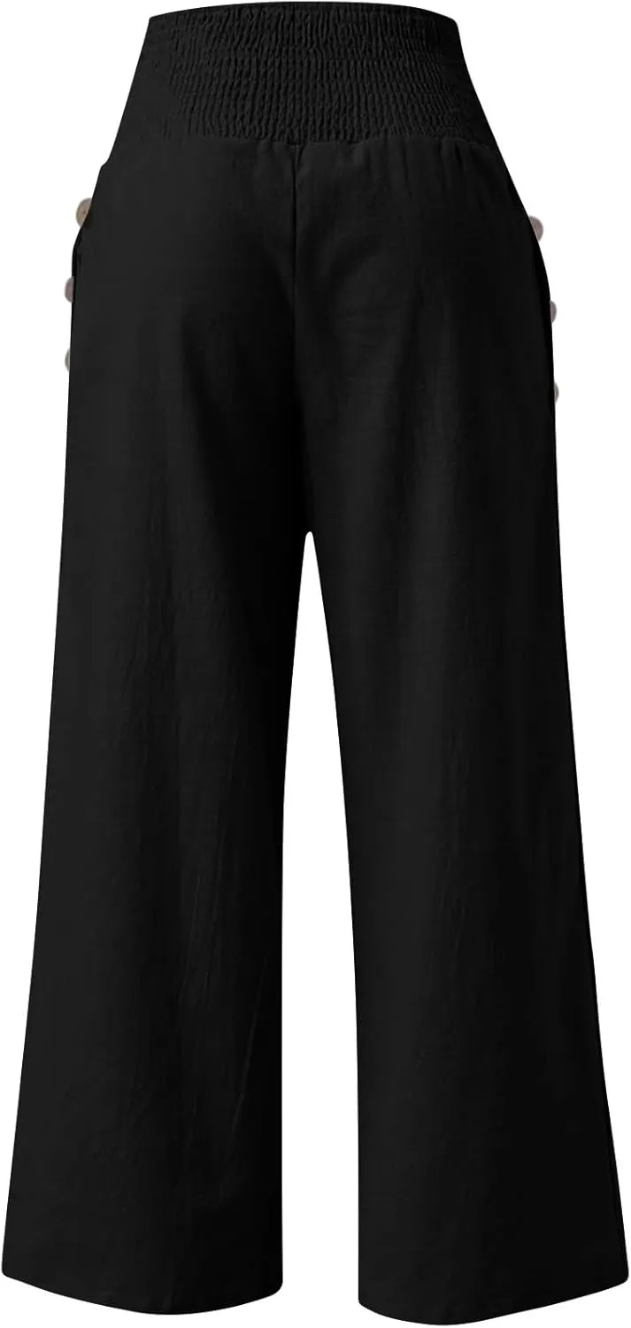 Linen Pants Women Lounge High Waist Wide Leg Elastic Drawstring Pants Women with Pockets Comfy Work Trousers