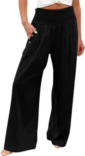 Linen Pants Women Lounge High Waist Wide Leg Elastic Drawstring Pants Women with Pockets Comfy Work Trousers