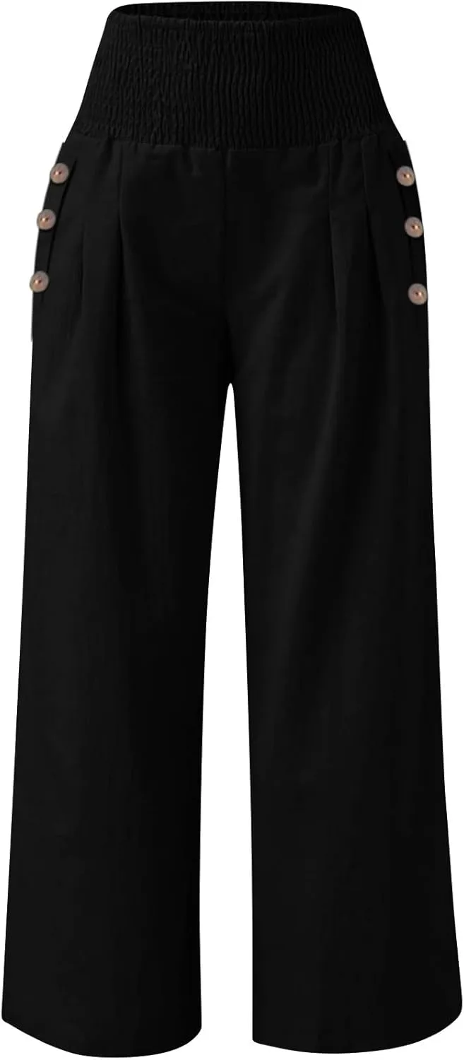 Linen Pants Women Lounge High Waist Wide Leg Elastic Drawstring Pants Women with Pockets Comfy Work Trousers