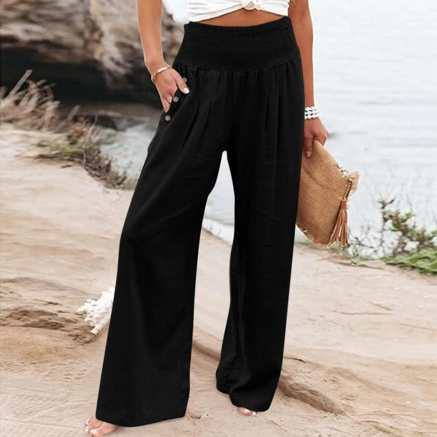Linen Pants Women Lounge High Waist Wide Leg Elastic Drawstring Pants Women with Pockets Comfy Work Trousers