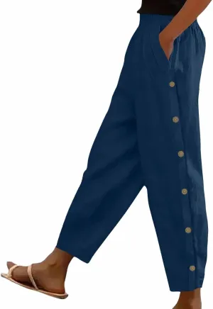 Linen Pants Women Plus Size Summer Side Button Elastic Waist Harem Pants Casual Loose Trousers Vacation Outfits