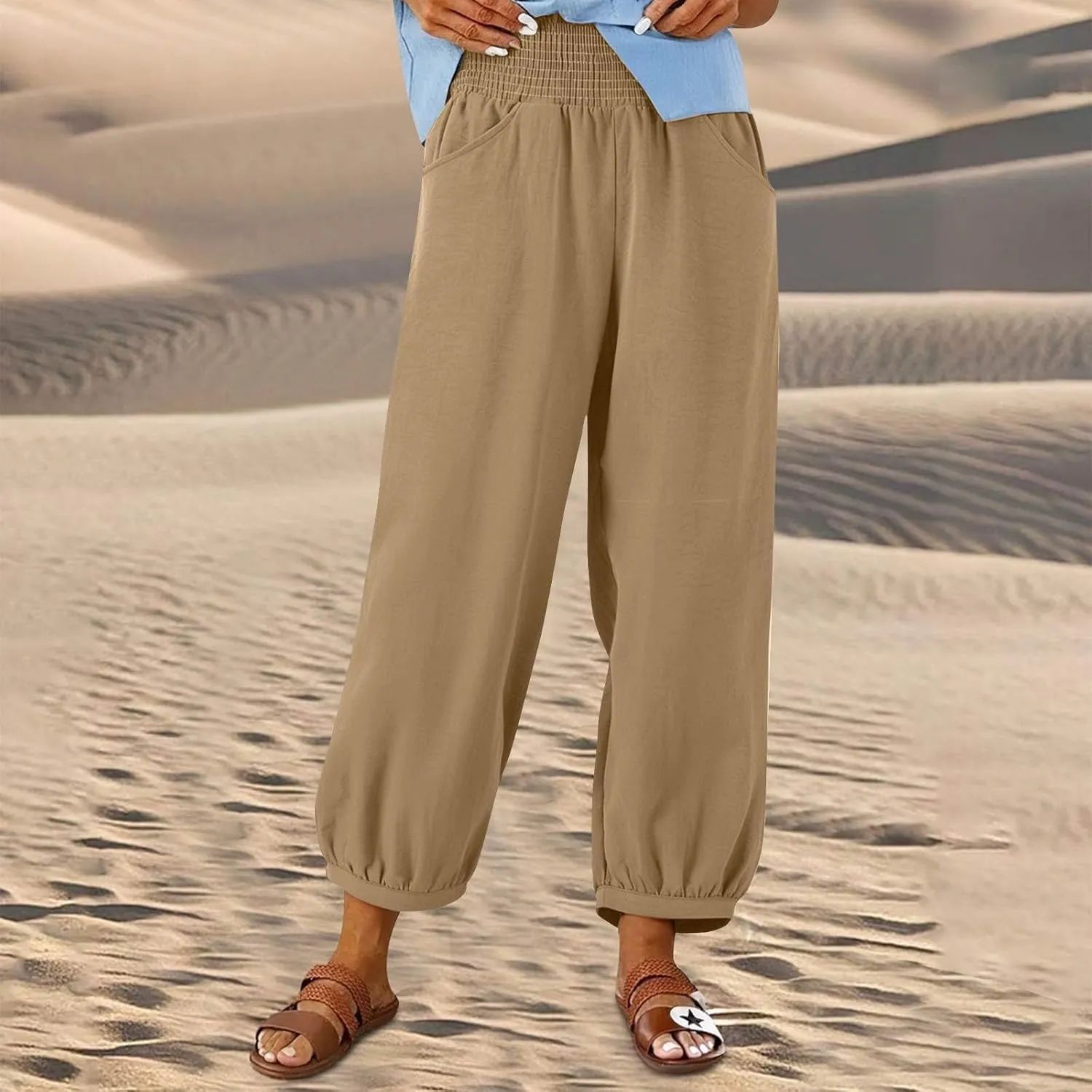 Linen Pants Women Summer High Waisted Loose Fit Pants Flowy Baggy Casual Harem Palazzo Pant Beach Vacation Trousers
