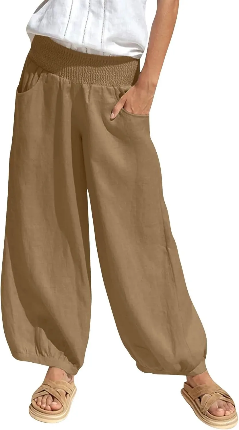 Linen Pants Women Summer High Waisted Loose Fit Pants Flowy Baggy Casual Harem Palazzo Pant Beach Vacation Trousers