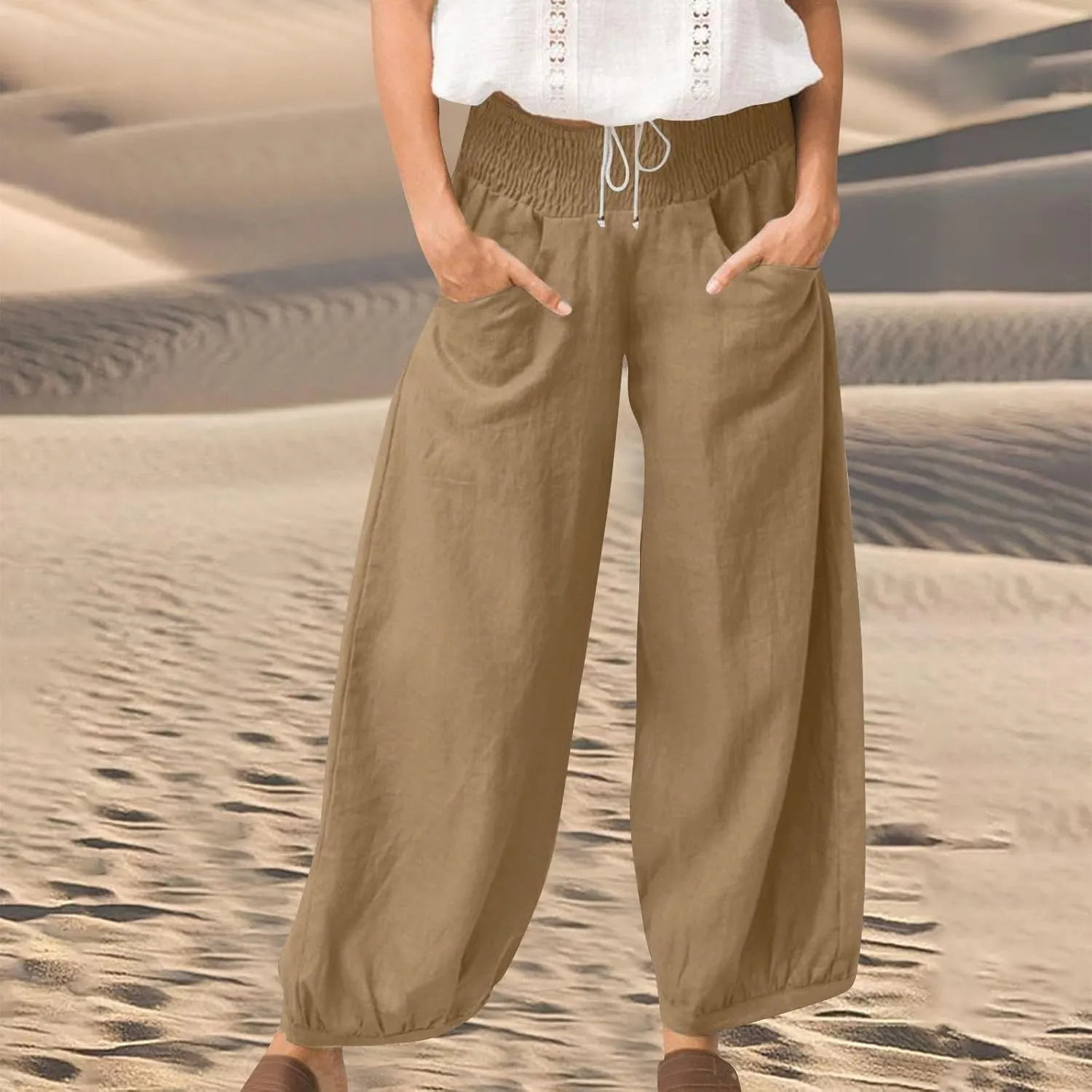 Linen Pants Women Summer High Waisted Loose Fit Pants Flowy Baggy Casual Harem Palazzo Pant Beach Vacation Trousers