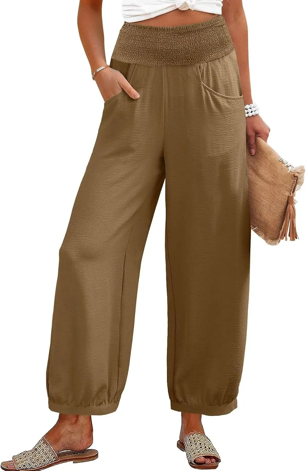 Linen Pants Women Summer High Waisted Loose Fit Pants Flowy Baggy Casual Harem Palazzo Pant Beach Vacation Trousers
