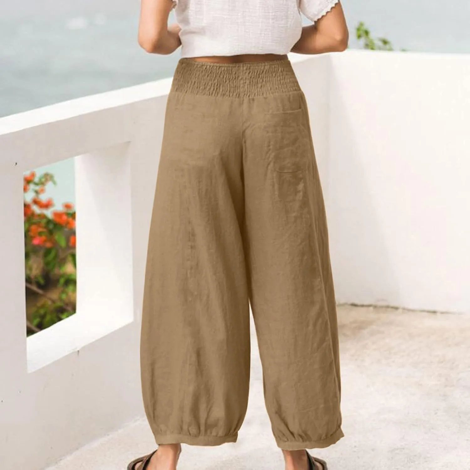 Linen Pants Women Summer High Waisted Loose Fit Pants Flowy Baggy Casual Harem Palazzo Pant Beach Vacation Trousers