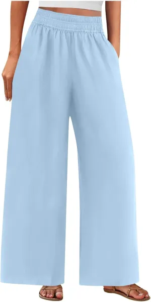 Linen Pants Women Summer Wide Leg Palazzo Pants Casual Elastic Waist Pants Vacation Flowy Linen Trousers with Pockets