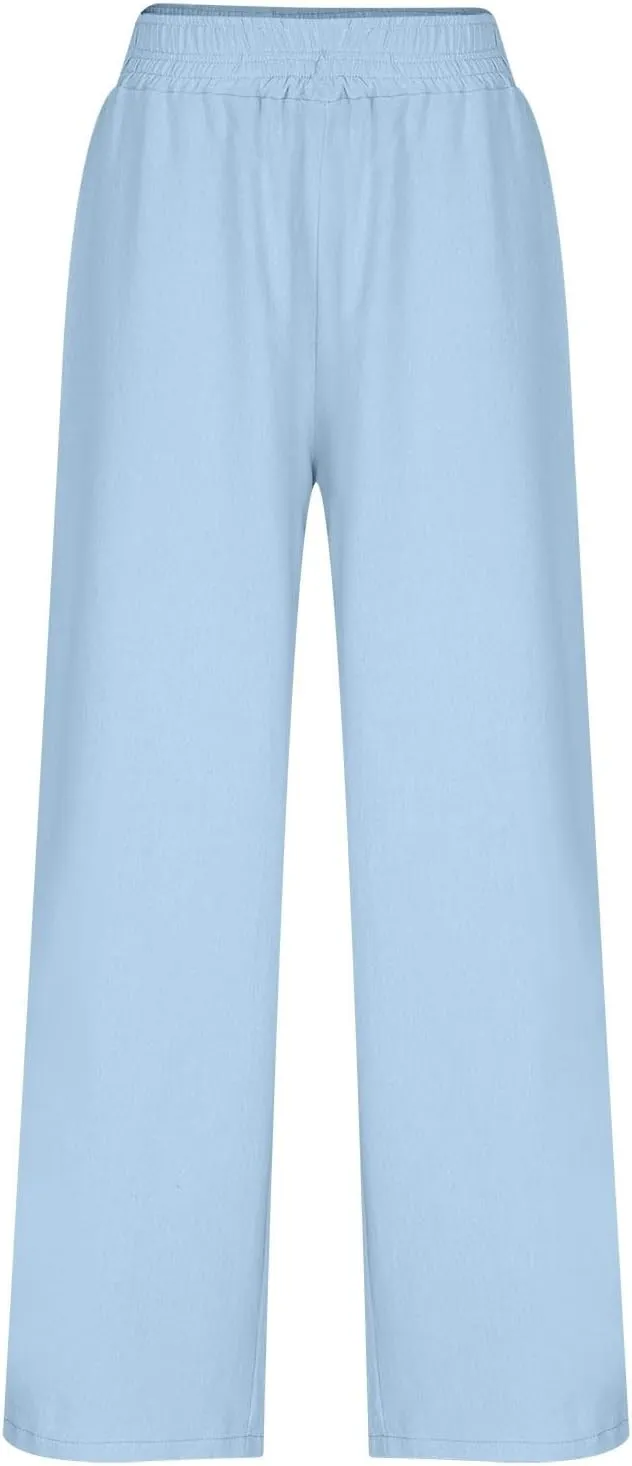 Linen Pants Women Summer Wide Leg Palazzo Pants Casual Elastic Waist Pants Vacation Flowy Linen Trousers with Pockets