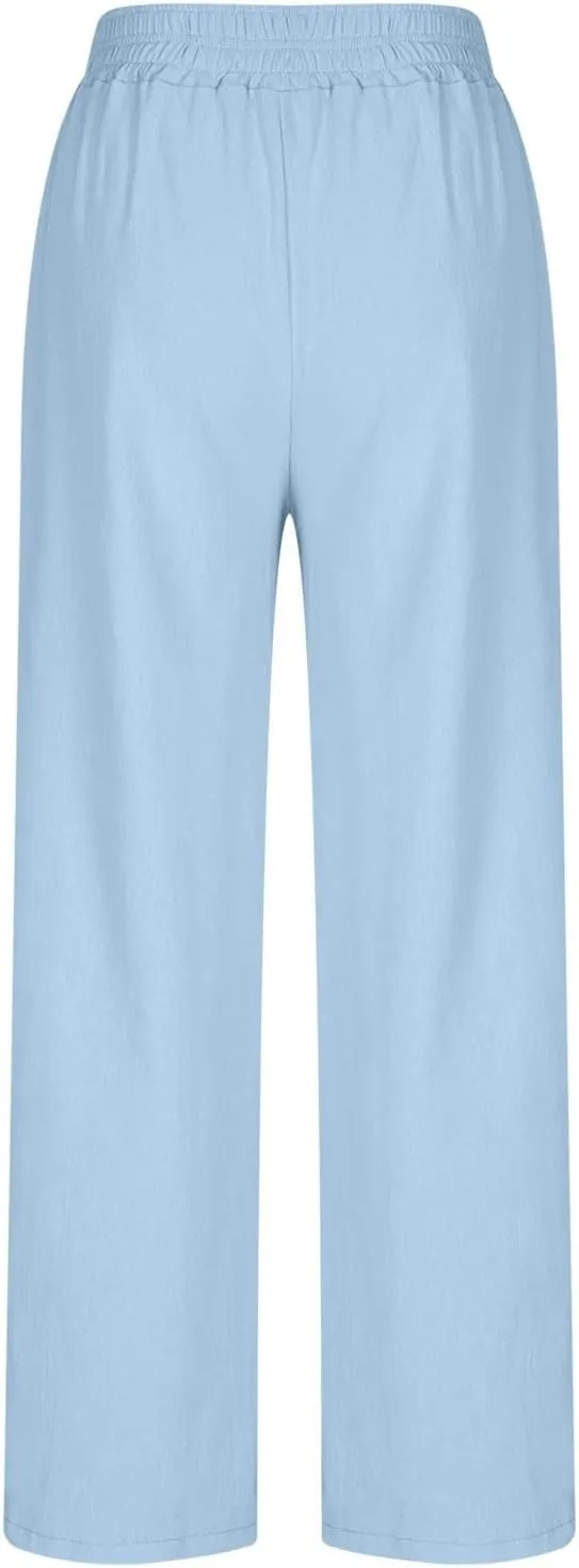 Linen Pants Women Summer Wide Leg Palazzo Pants Casual Elastic Waist Pants Vacation Flowy Linen Trousers with Pockets