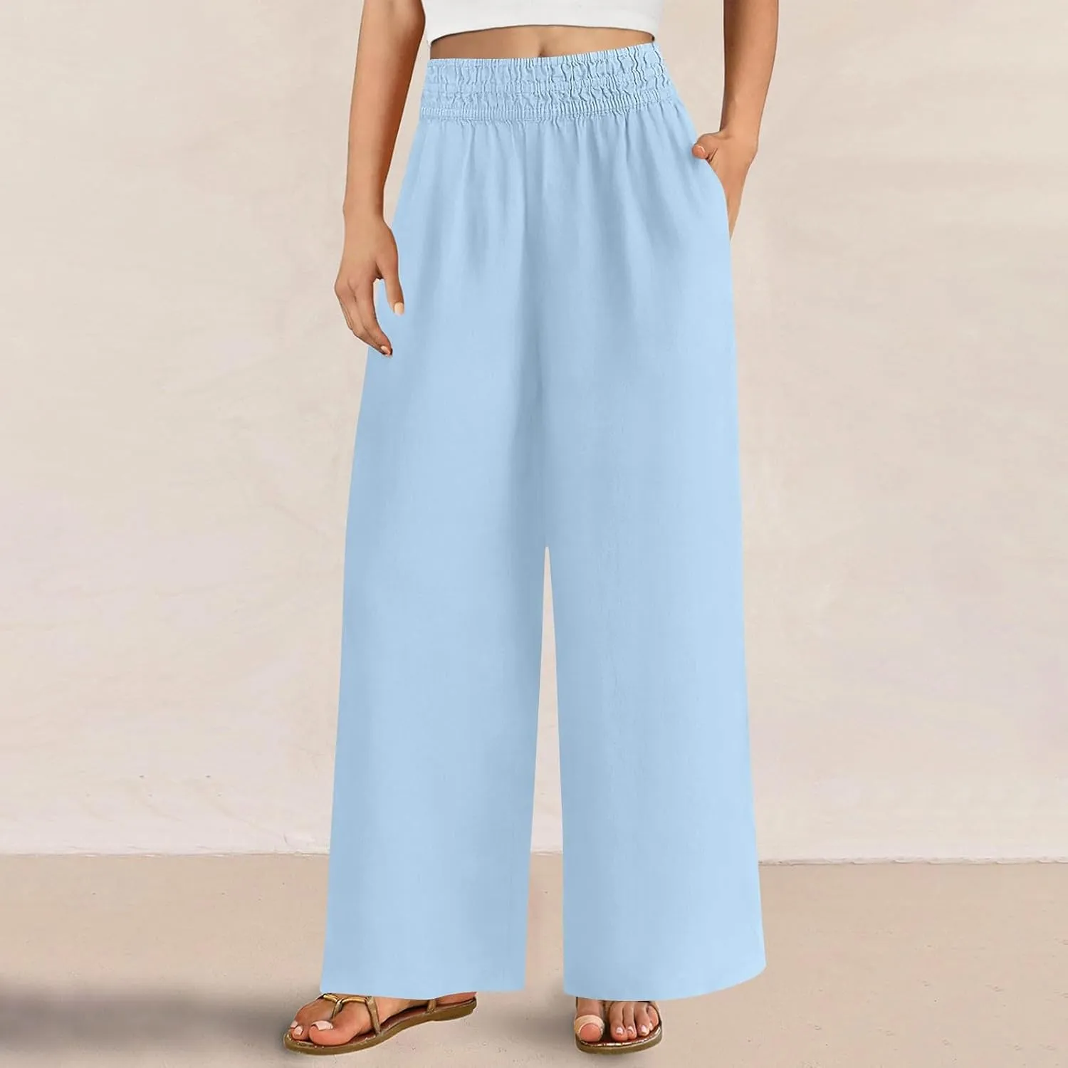 Linen Pants Women Summer Wide Leg Palazzo Pants Casual Elastic Waist Pants Vacation Flowy Linen Trousers with Pockets