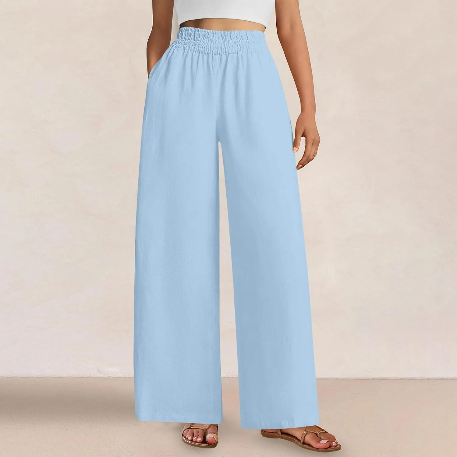 Linen Pants Women Summer Wide Leg Palazzo Pants Casual Elastic Waist Pants Vacation Flowy Linen Trousers with Pockets