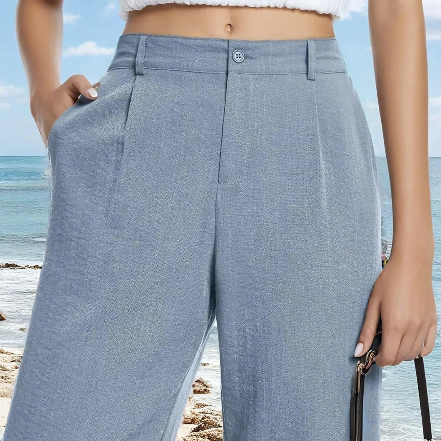Linen Wide Leg Pants for Women Business Casual High Waisted Dress Pants Office Work Pants Straight Trousers w/Pockets