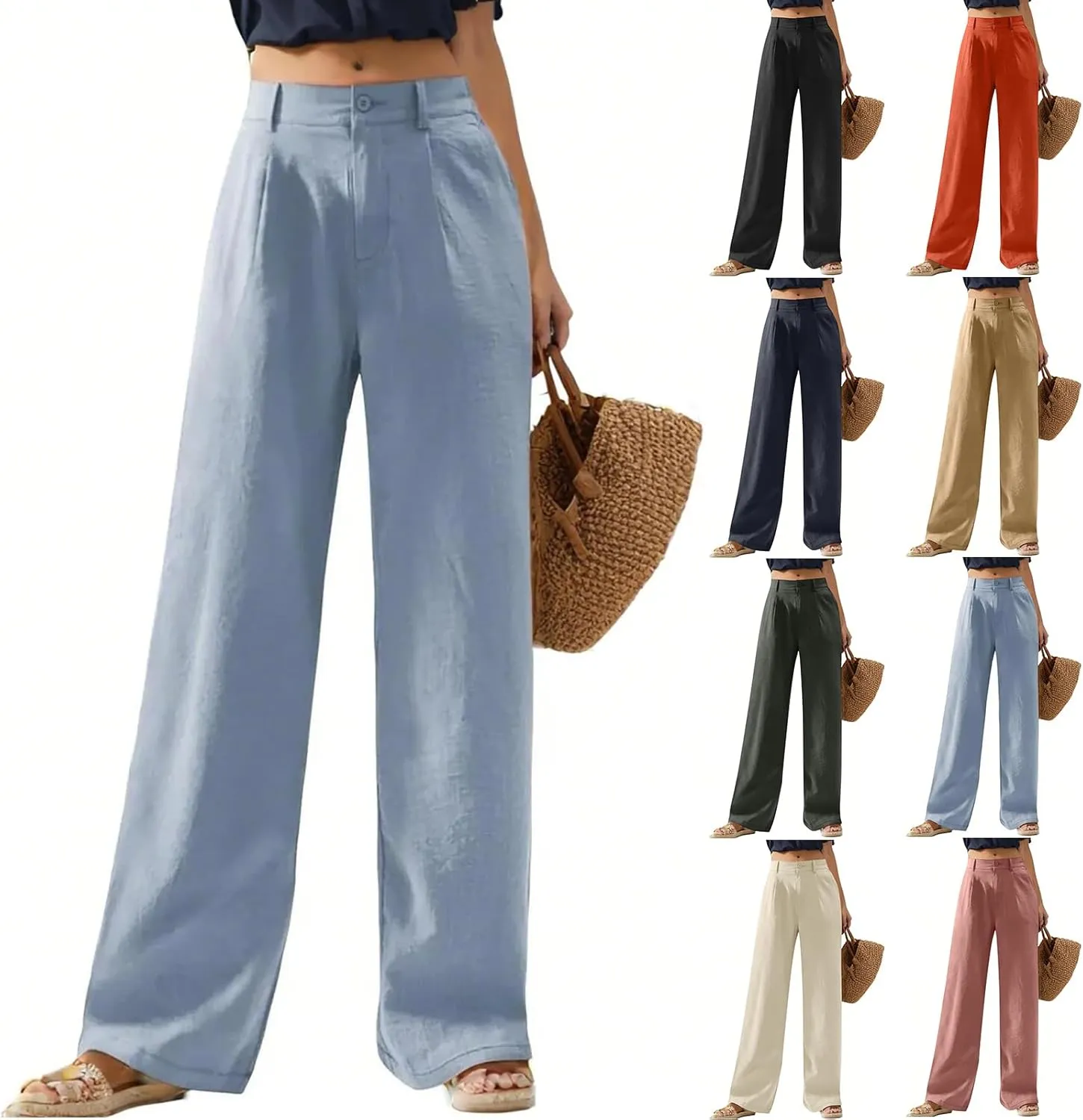 Linen Wide Leg Pants for Women Business Casual High Waisted Dress Pants Office Work Pants Straight Trousers w/Pockets