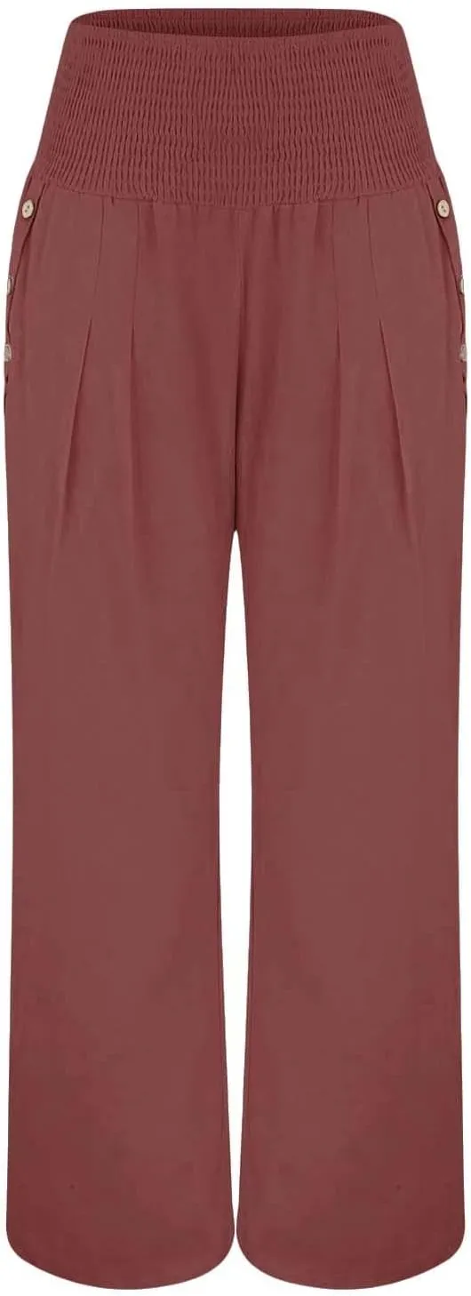 Linen Wide Leg Pants for Women Summer Casual Pleated Elastic High Waistband Palazzo Trousers Beach Yoga Trousers with Pockets