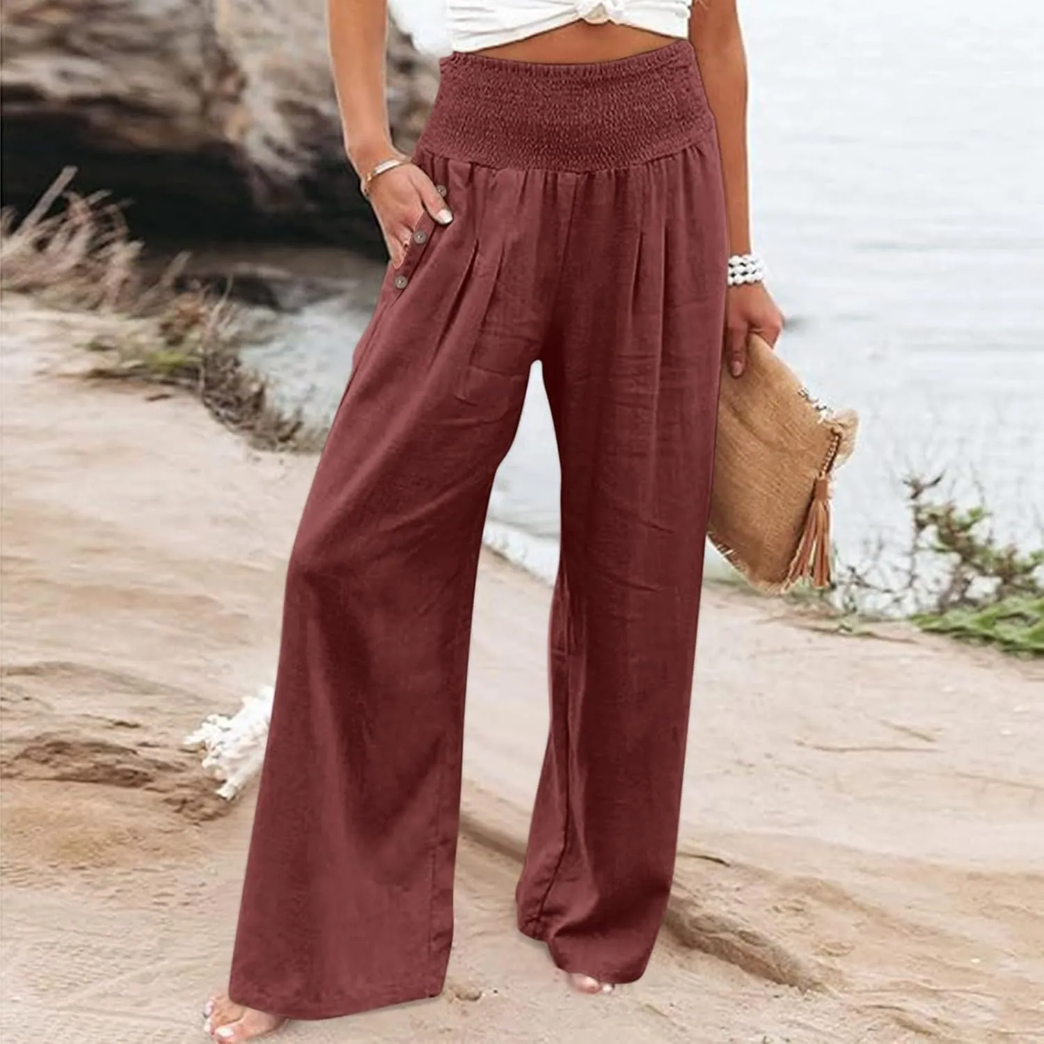 Linen Wide Leg Pants for Women Summer Casual Pleated Elastic High Waistband Palazzo Trousers Beach Yoga Trousers with Pockets