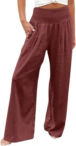 Linen Wide Leg Pants for Women Summer Casual Pleated Elastic High Waistband Palazzo Trousers Beach Yoga Trousers with Pockets