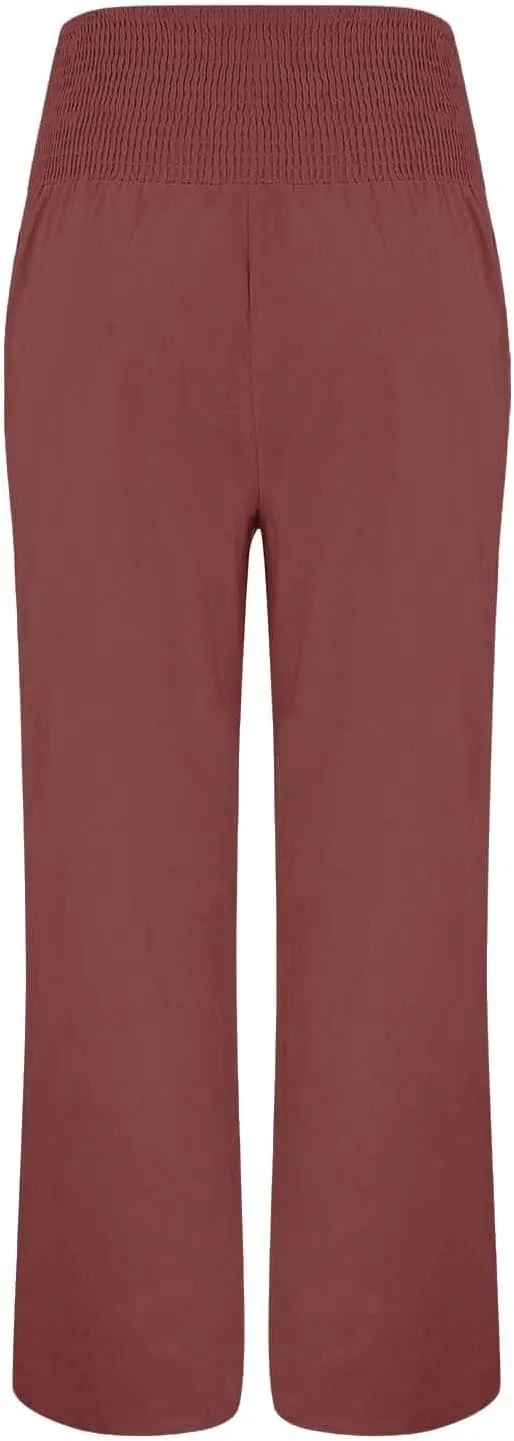 Linen Wide Leg Pants for Women Summer Casual Pleated Elastic High Waistband Palazzo Trousers Beach Yoga Trousers with Pockets