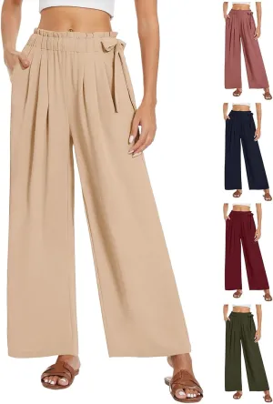 Linen Wide Leg Pants Woman Summer High Waisted Beach Pants Casual Trousers Drawstring Lounge Pants with Pockets