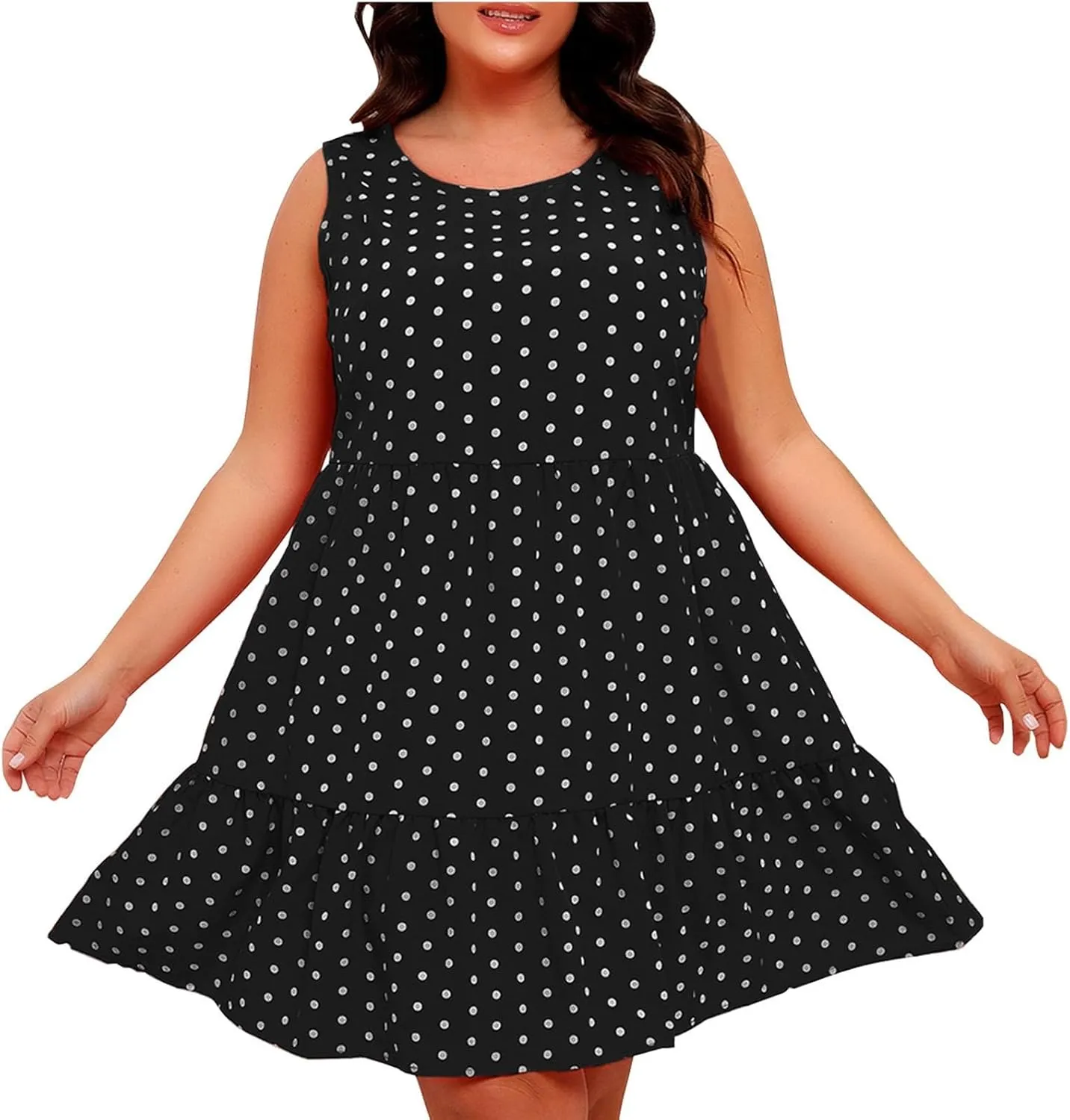 Lmdudan Plus Size Summer Dresses for Women Polka Dot Hem Ruffle Hem Knee Length Dress Casual O-Neck Sleeveless Mini Sundress