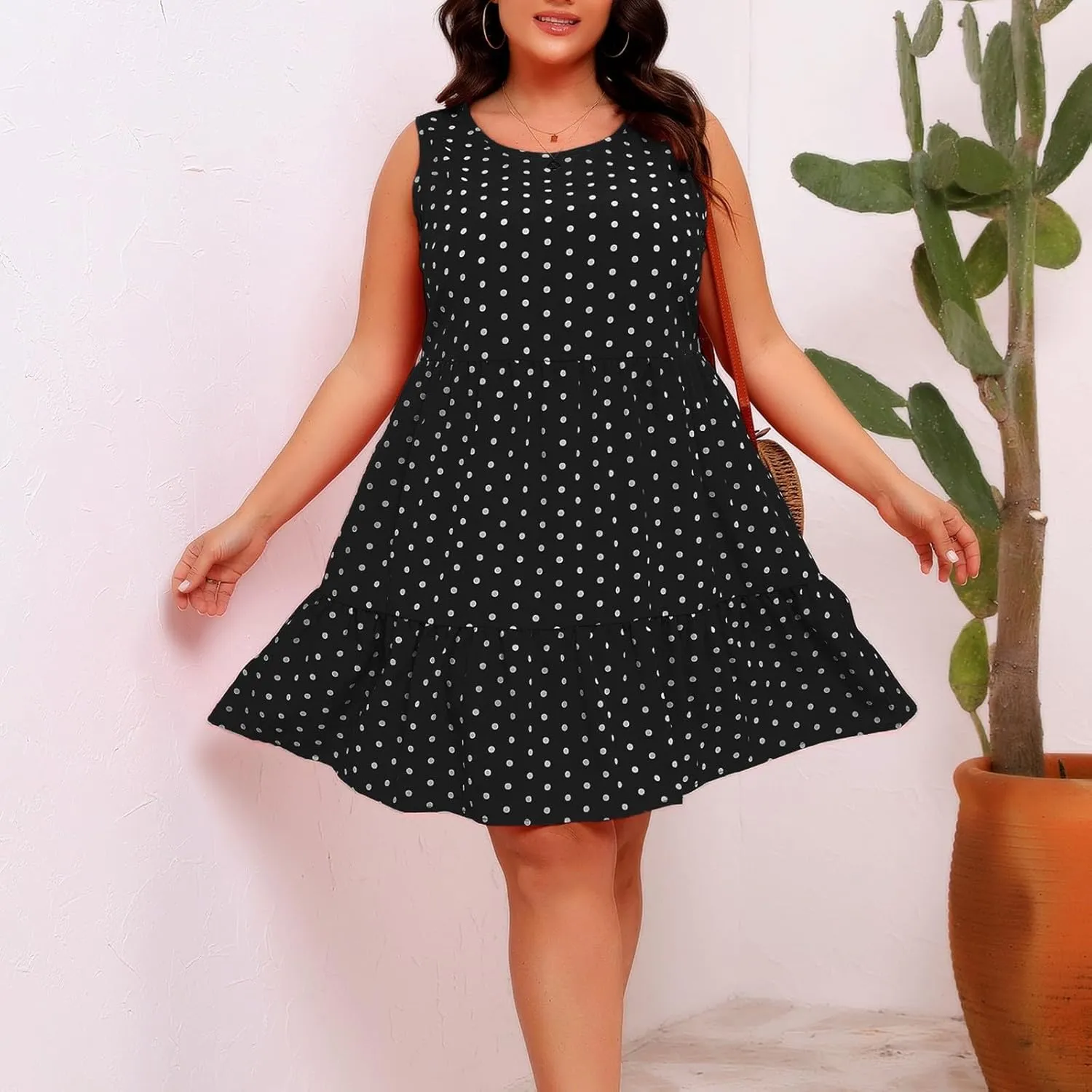 Lmdudan Plus Size Summer Dresses for Women Polka Dot Hem Ruffle Hem Knee Length Dress Casual O-Neck Sleeveless Mini Sundress