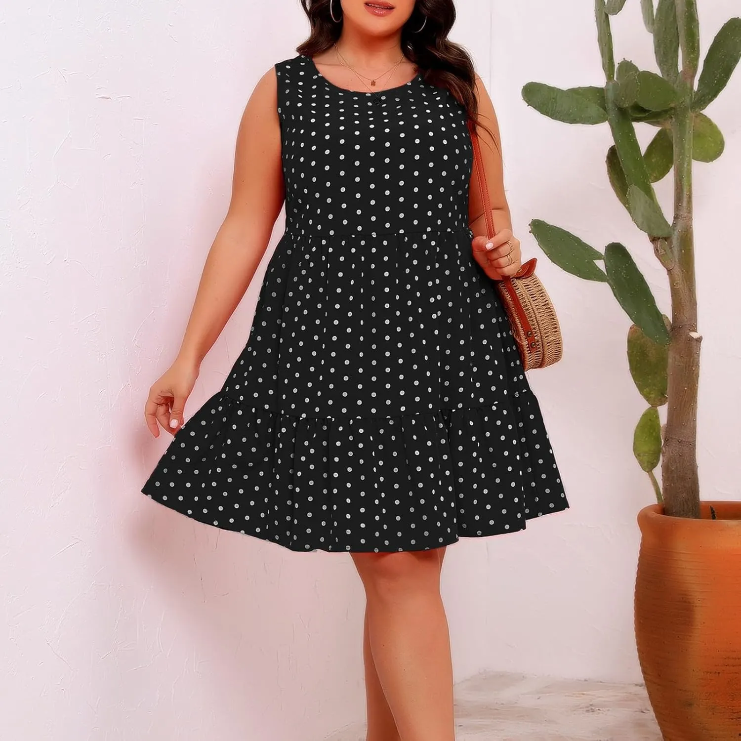 Lmdudan Plus Size Summer Dresses for Women Polka Dot Hem Ruffle Hem Knee Length Dress Casual O-Neck Sleeveless Mini Sundress