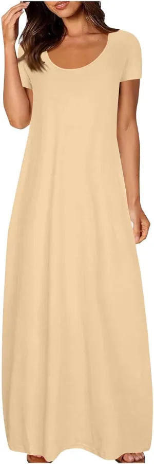Long Summer Dresses for Women 2025 Casual Short Sleeve Crewneck Maxi Dress Solid Color Beach Vacation T Shirt Dresses
