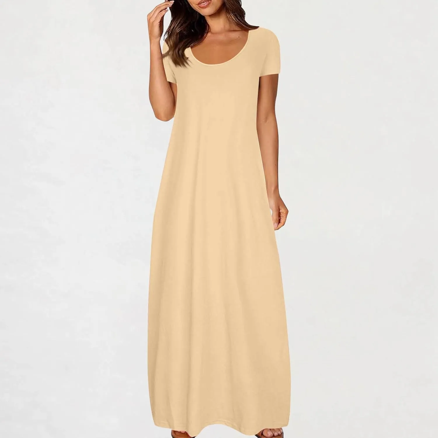 Long Summer Dresses for Women 2025 Casual Short Sleeve Crewneck Maxi Dress Solid Color Beach Vacation T Shirt Dresses