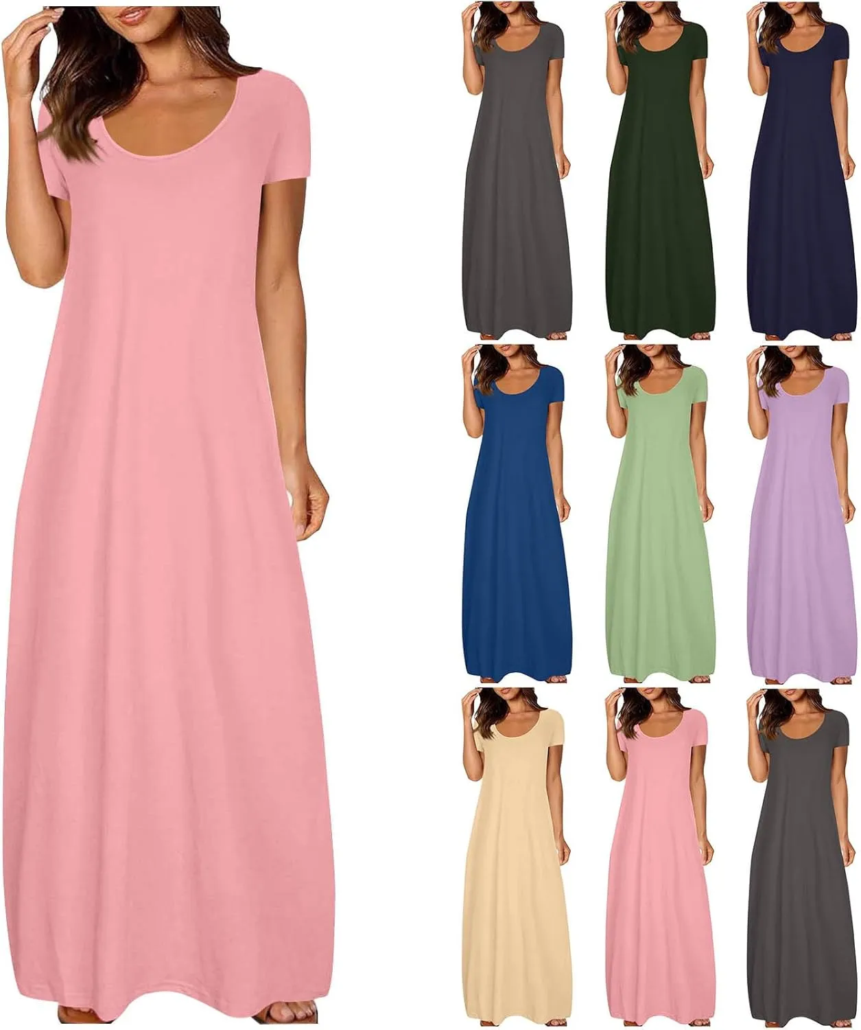 Long Summer Dresses for Women 2025 Casual Short Sleeve Crewneck Maxi Dress Solid Color Beach Vacation T Shirt Dresses