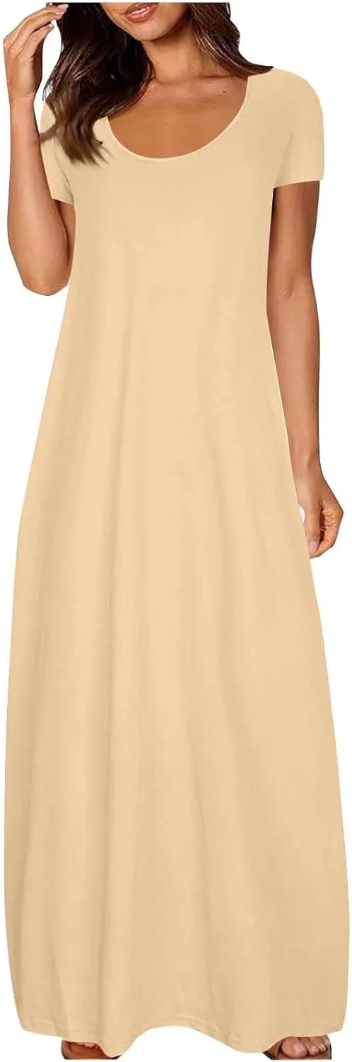 Long Summer Dresses for Women 2025 Casual Short Sleeve Crewneck Maxi Dress Solid Color Beach Vacation T Shirt Dresses