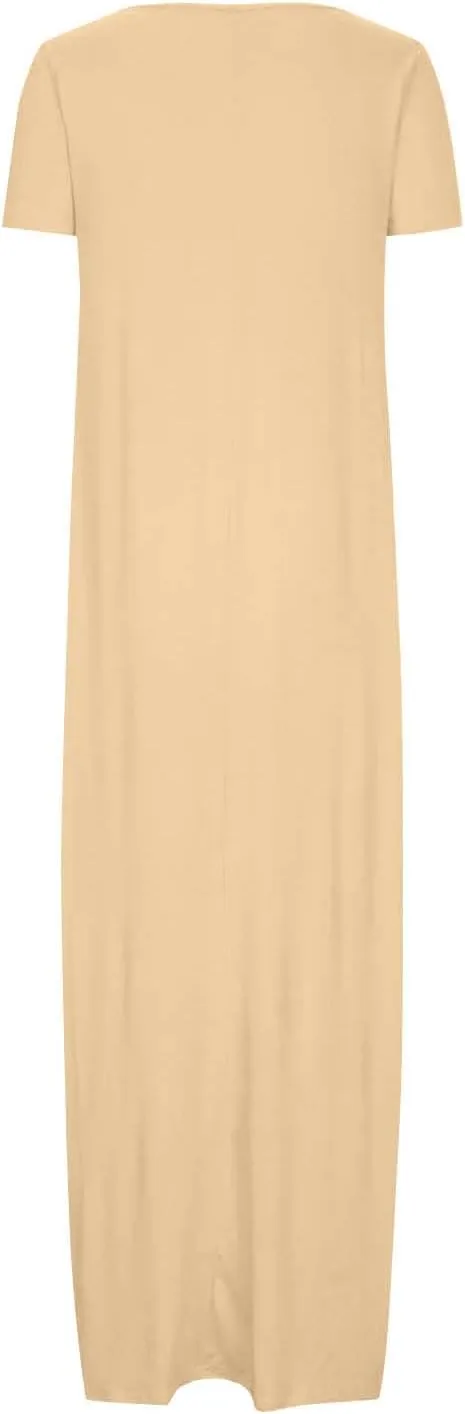 Long Summer Dresses for Women 2025 Casual Short Sleeve Crewneck Maxi Dress Solid Color Beach Vacation T Shirt Dresses