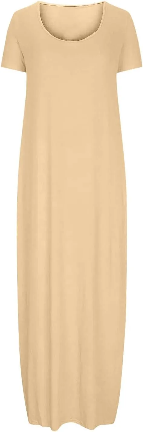 Long Summer Dresses for Women 2025 Casual Short Sleeve Crewneck Maxi Dress Solid Color Beach Vacation T Shirt Dresses