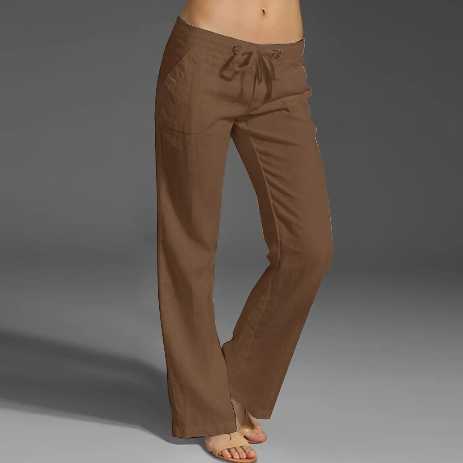 Low Rise Petite Linen Pants for Women Drawstring Elastic Waist Y2K Casual Flared Trouser Summer Loungewear Yoga Pants