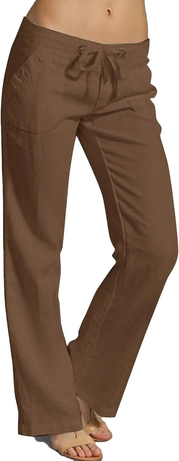 Low Rise Petite Linen Pants for Women Drawstring Elastic Waist Y2K Casual Flared Trouser Summer Loungewear Yoga Pants