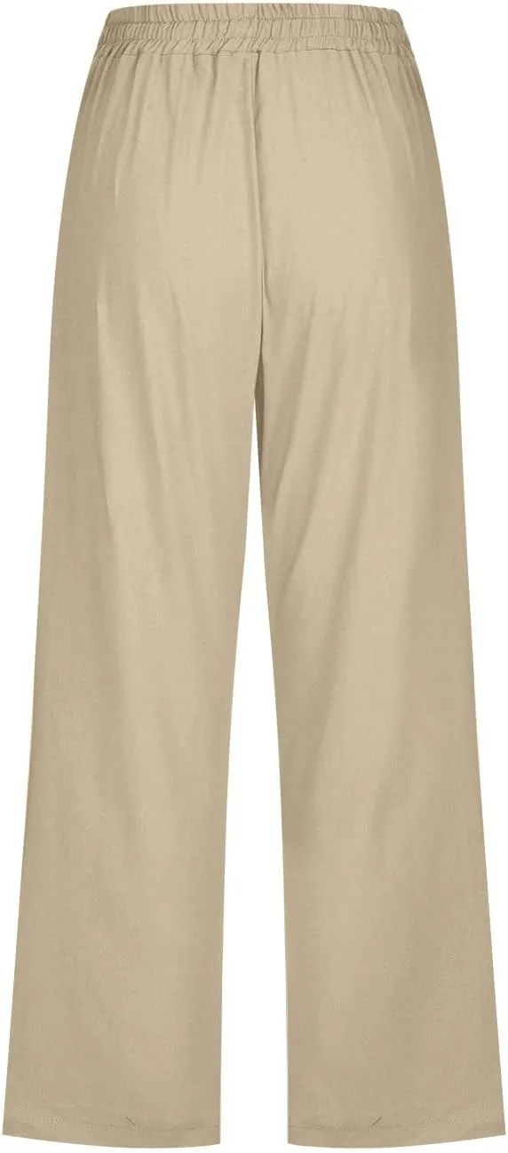 LRMQS Capri Pants for Women Casual Summer 2024 Drawstring Capris Linen Pants Pockets Beach Straight Wide Leg Cropped Trousers