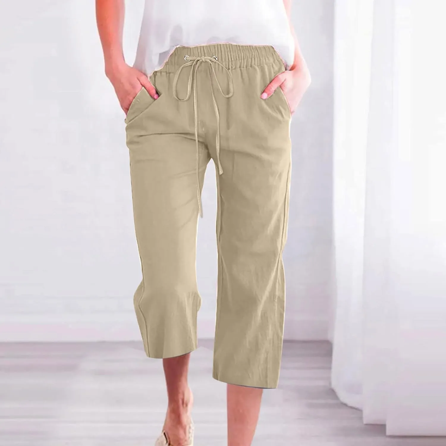 LRMQS Capri Pants for Women Casual Summer 2024 Drawstring Capris Linen Pants Pockets Beach Straight Wide Leg Cropped Trousers