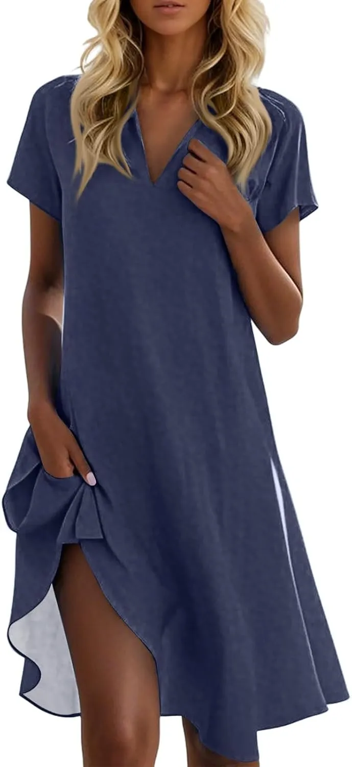 Maxi Dresses for Women 2025 Summer Casual Trendy Short Sleeve V-Neck Solid Color Flowy Dress, S-2XL
