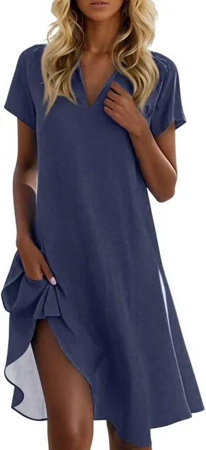 Maxi Dresses for Women 2025 Summer Casual Trendy Short Sleeve V-Neck Solid Color Flowy Dress, S-2XL