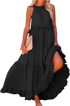 Maxi Dresses for Women 2025 Summer Sleeveless Halter Long Dress Loose Tiered Flowy Swing Smocked Ruffle Beach Dress