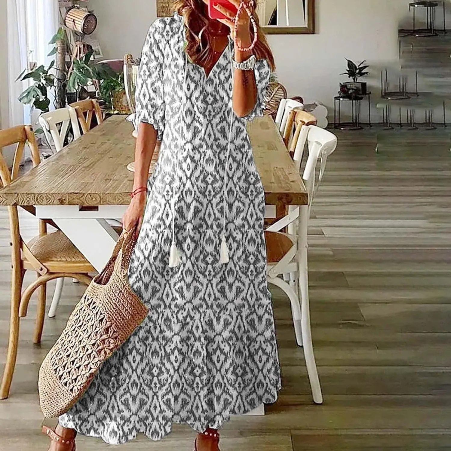 Maxi Dresses for Women Bohemian Floral Print Maxi Dress Plus Size Summer Dresses Short Sleeve V Neck Dress Sundress
