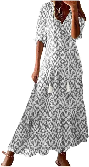 Maxi Dresses for Women Bohemian Floral Print Maxi Dress Plus Size Summer Dresses Short Sleeve V Neck Dress Sundress
