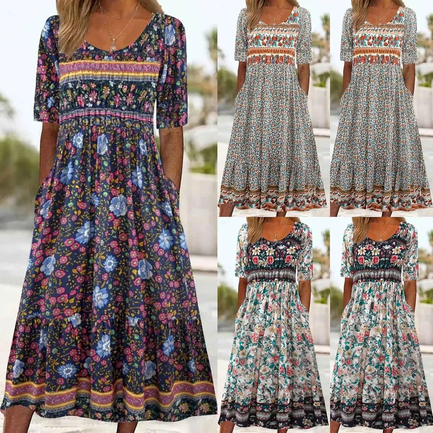 Maxi Dresses for Women Summer Casual Floral Short Sleeve A-Line T-Shirt Dresses Loose Flowy Beach Vacation Sundress