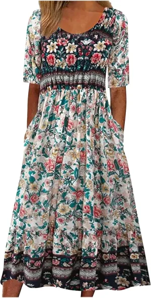 Maxi Dresses for Women Summer Casual Floral Short Sleeve A-Line T-Shirt Dresses Loose Flowy Beach Vacation Sundress