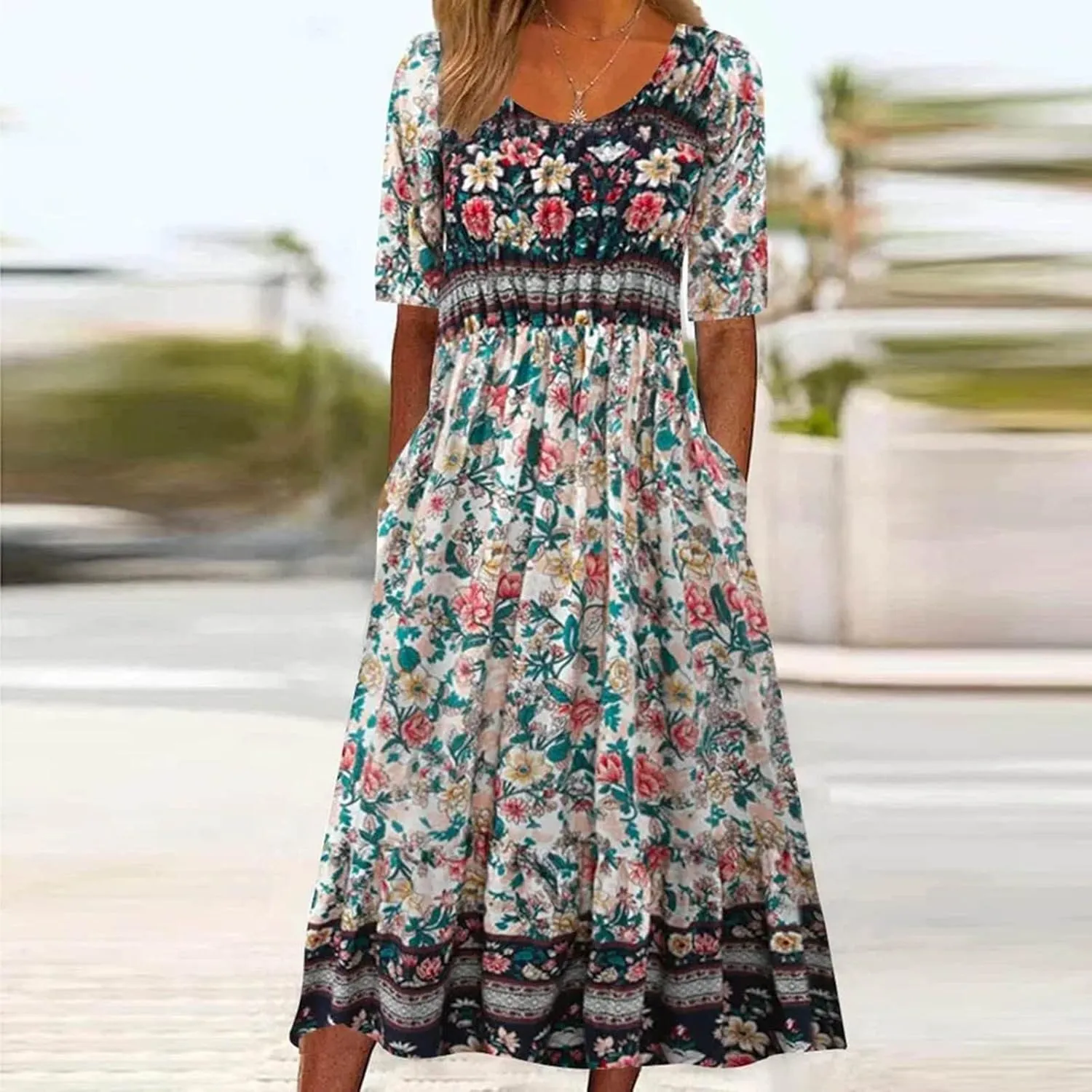 Maxi Dresses for Women Summer Casual Floral Short Sleeve A-Line T-Shirt Dresses Loose Flowy Beach Vacation Sundress