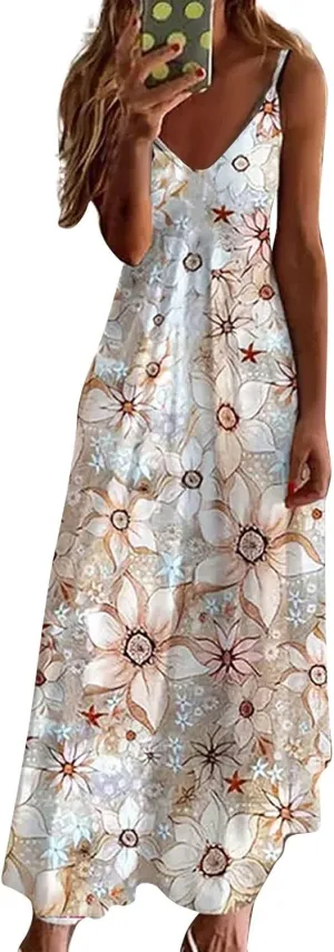 Maxi Dresses for Women,2024 Summer Trendy Floral Print Sling Sundress,Casual V Neck Flowy Ruched Boho Beach Dress