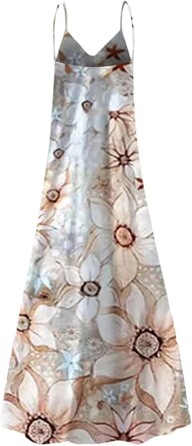Maxi Dresses for Women,2024 Summer Trendy Floral Print Sling Sundress,Casual V Neck Flowy Ruched Boho Beach Dress