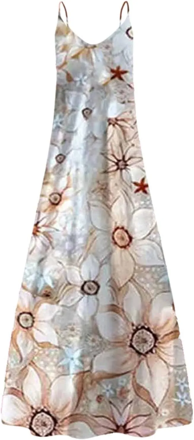 Maxi Dresses for Women,2024 Summer Trendy Floral Print Sling Sundress,Casual V Neck Flowy Ruched Boho Beach Dress