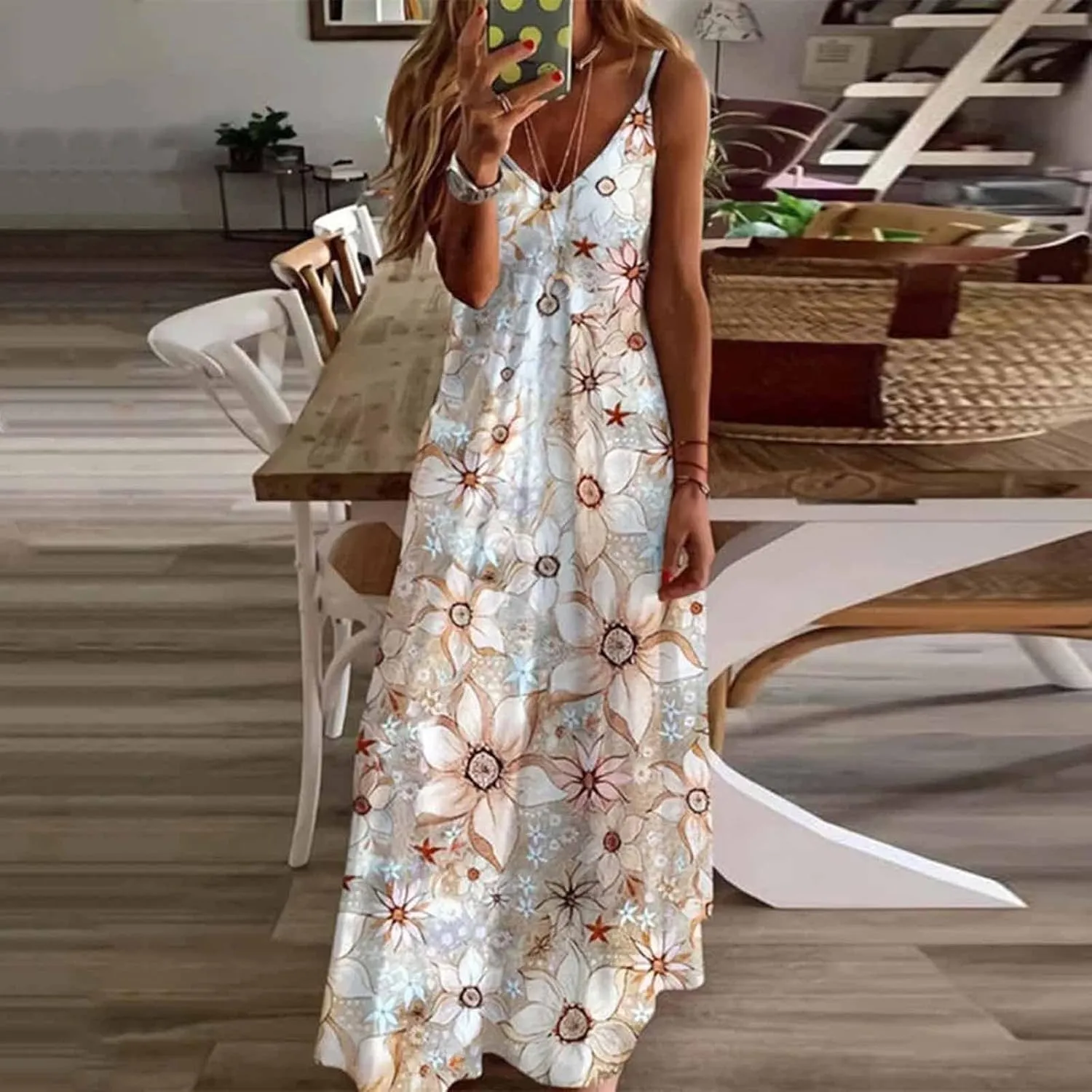 Maxi Dresses for Women,2024 Summer Trendy Floral Print Sling Sundress,Casual V Neck Flowy Ruched Boho Beach Dress